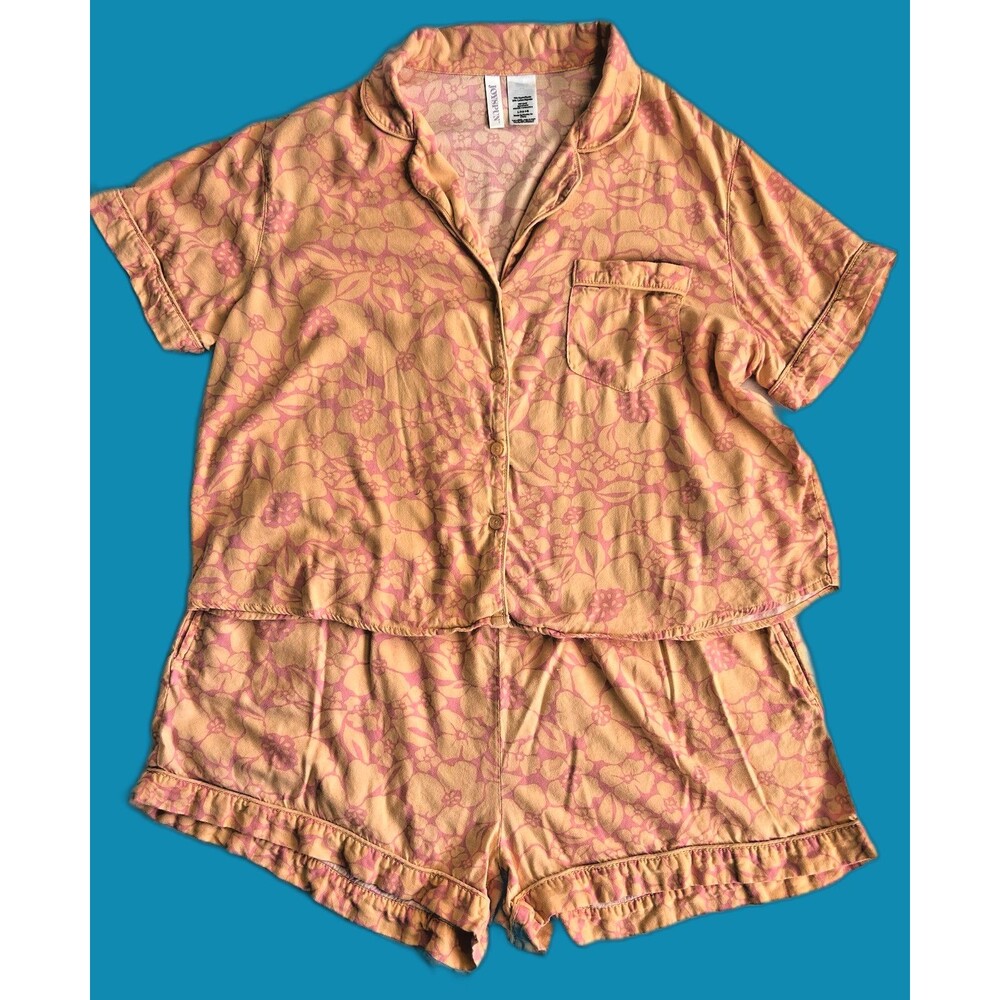 Joyspun Pajama 2 Pc. Set Pink Orange Short Sleeve  Top & Shorts Size L 12/14